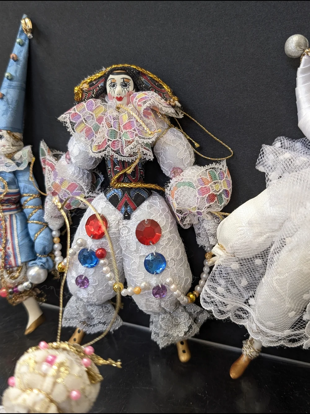 Harlequin Mardi Gras inspired Porcelain Doll Christmas Ornament Jesters
